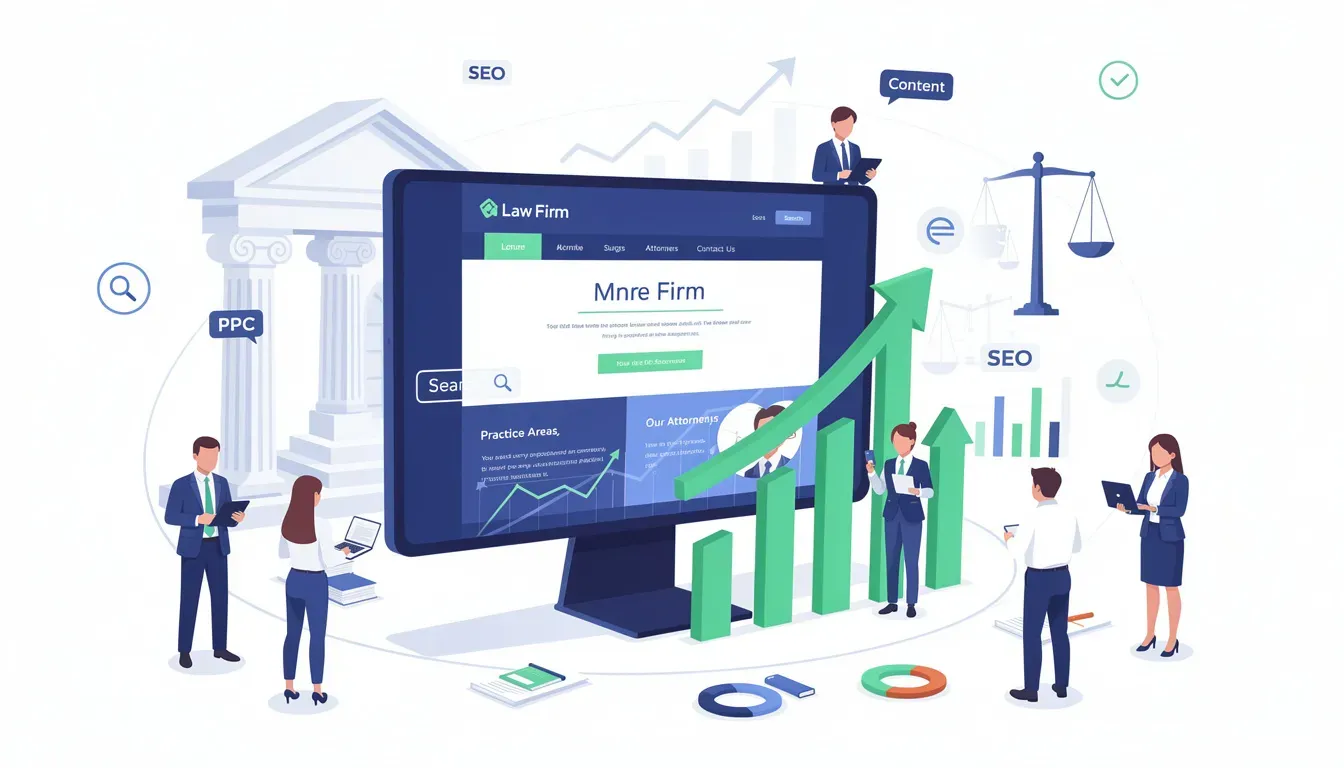 The image illustrates a digital marketing strategy for law firms, highlighting the importance of search engine optimization (SEO) to improve search engine rankings and increase organic traffic to a law firm's website. It features elements related to keyword research, technical SEO, and local SEO, emphasizing the need for a solid SEO strategy to enhance online visibility and attract potential clients.