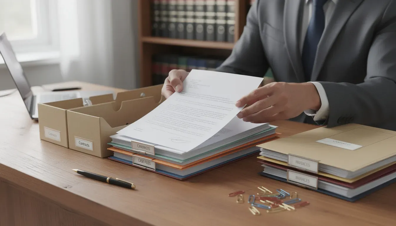 A person is meticulously organizing various legal documents and folders on a wooden desk, indicative of the careful work done by an estate planning attorney. The scene reflects the importance of organization in managing estate planning for future clients, highlighting the role of law firms in ensuring efficient legal processes.