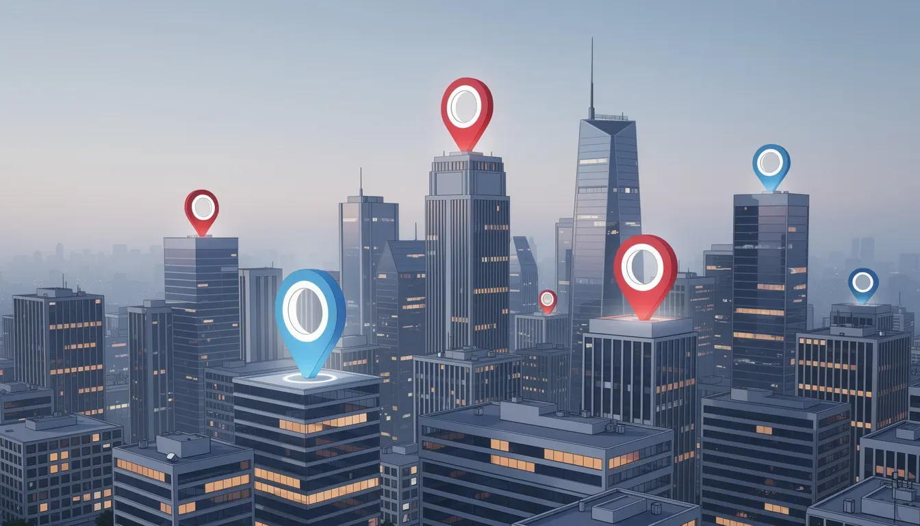 City skyline with map location pins over the buildings