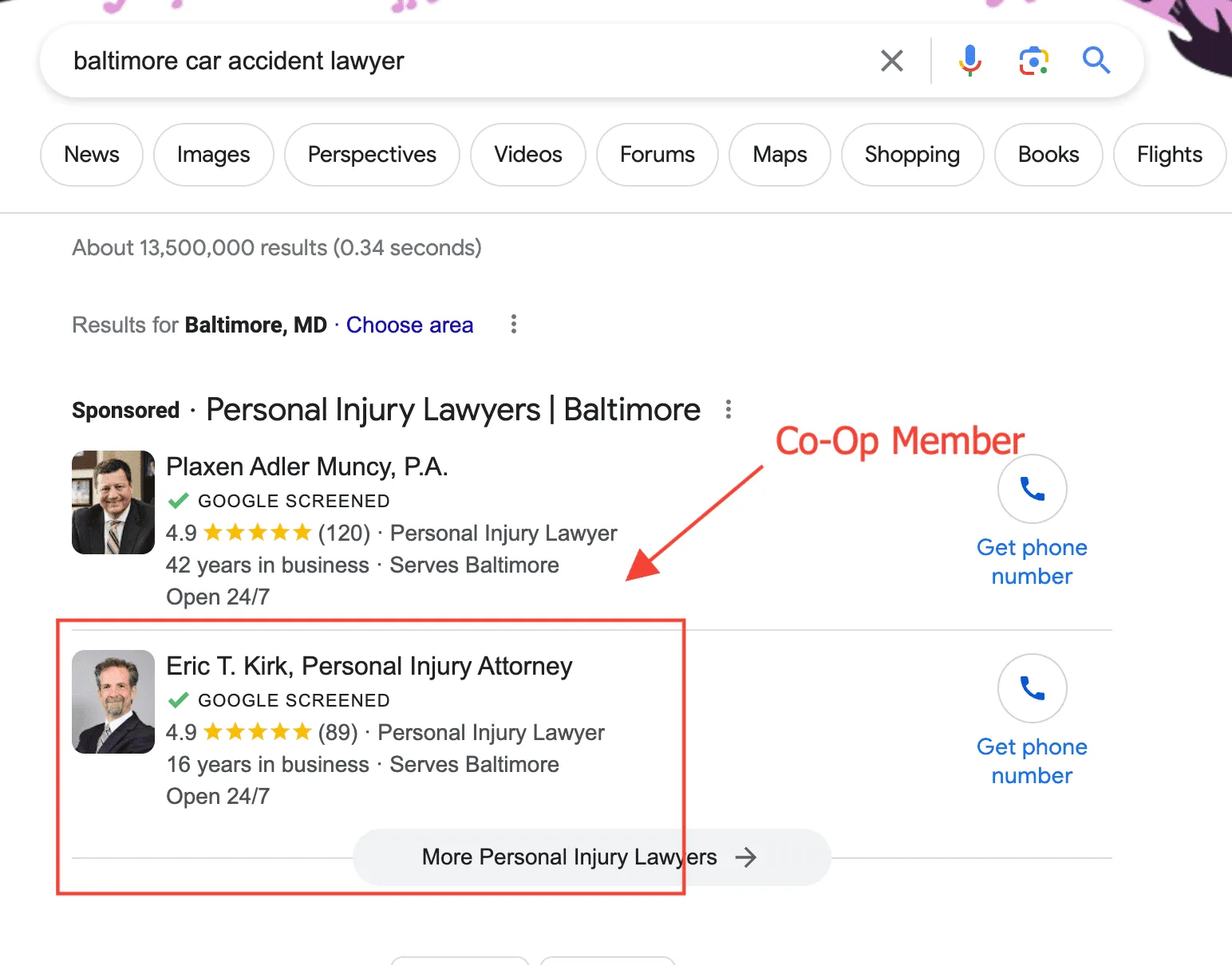 Google results for "baltimore car accident lawyer" with a Co-Op member's Local Services Ad highlighted