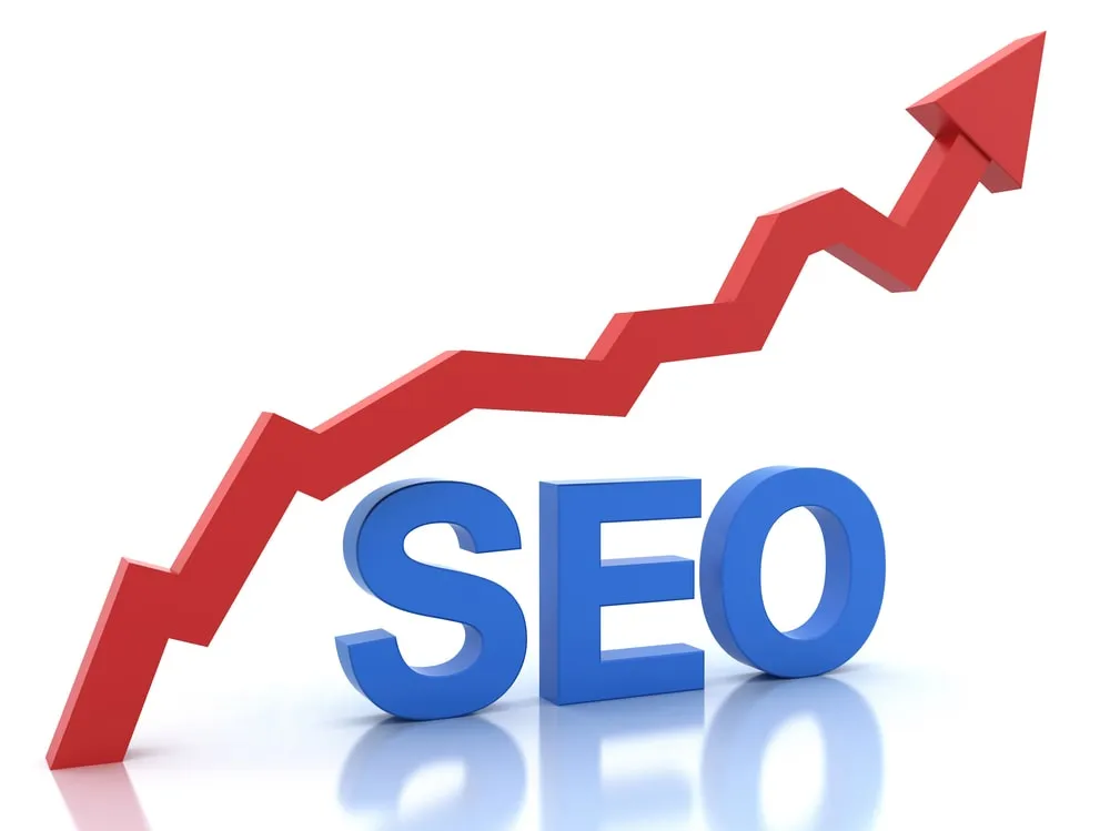 SEO with a rising red arrow
