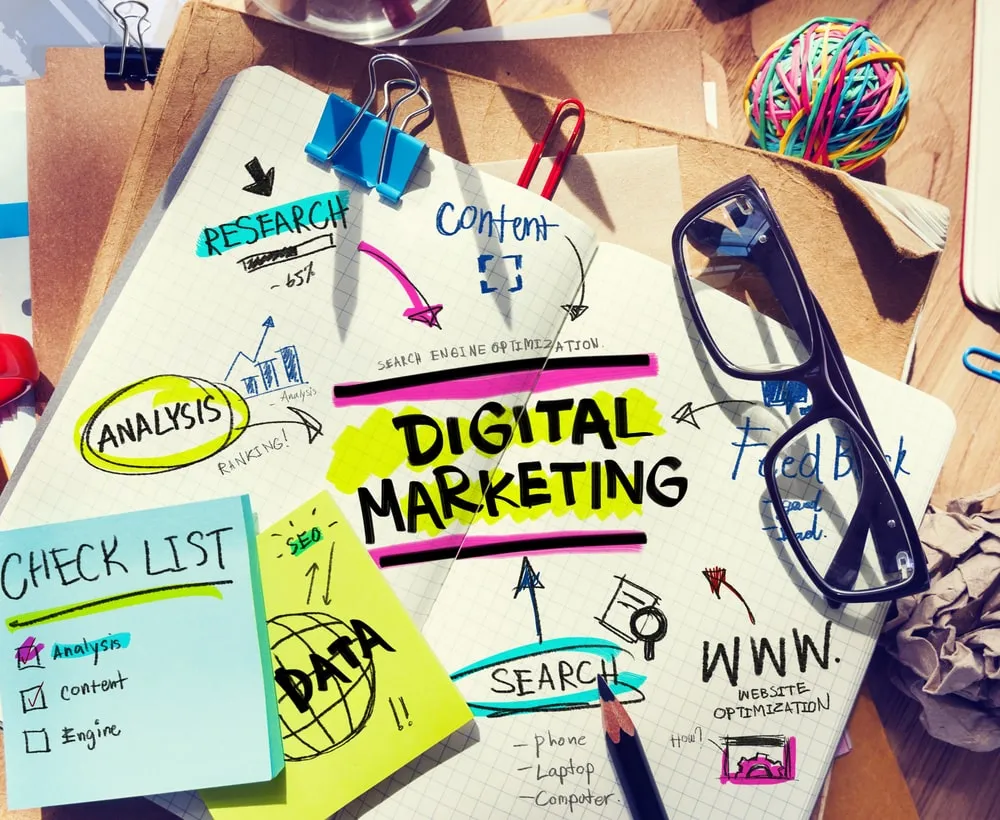 Desk notes sketching a digital marketing plan: research, content, analysis and data